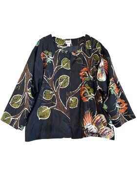 Chicos Womens Sz L Black 100% Silk Batik Jacket Tree & Giraffe Print Open Front